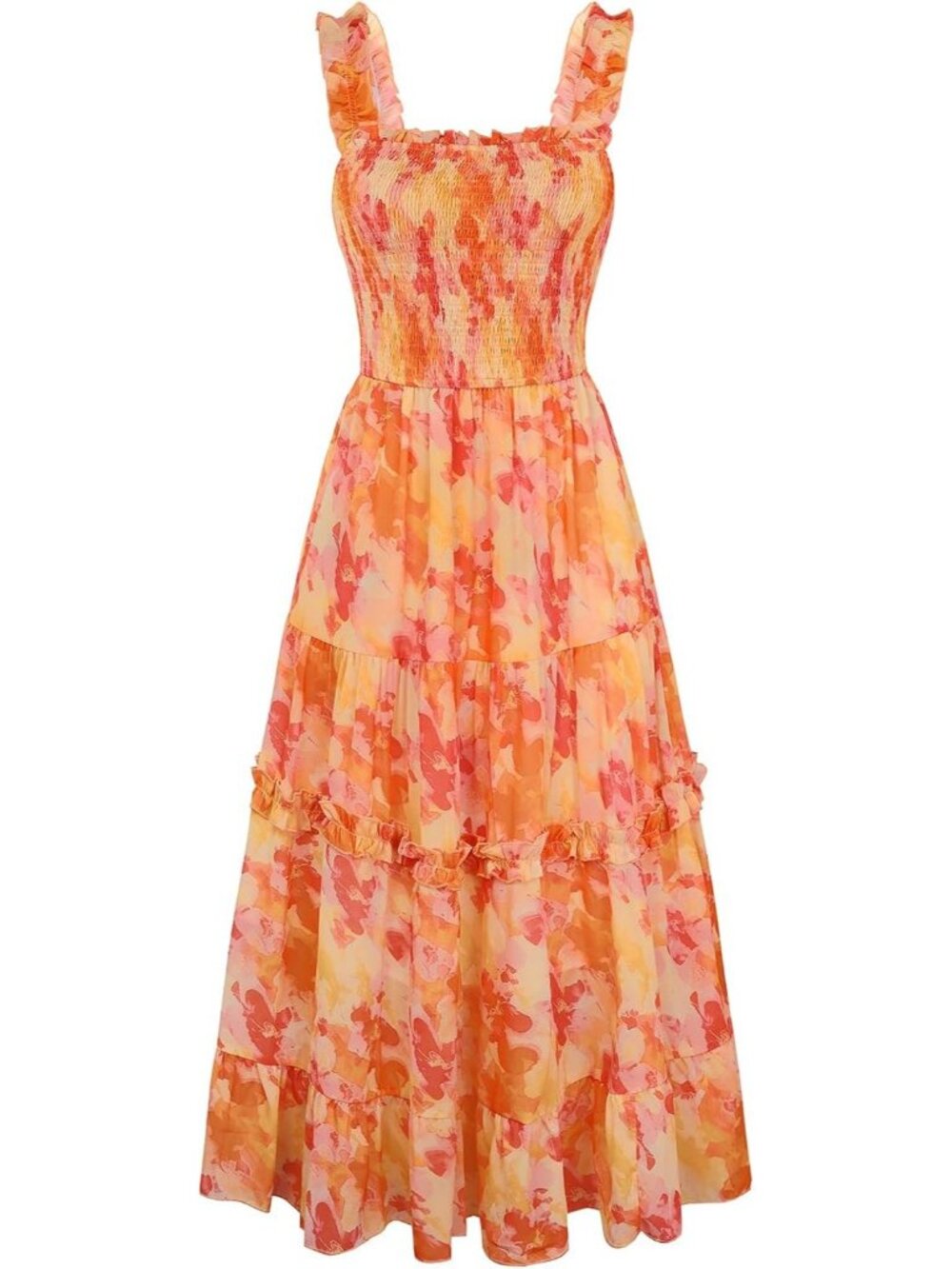Women's Floral Dress Flowy Sundress Smocked Orange Ombre Cottage core Dresses